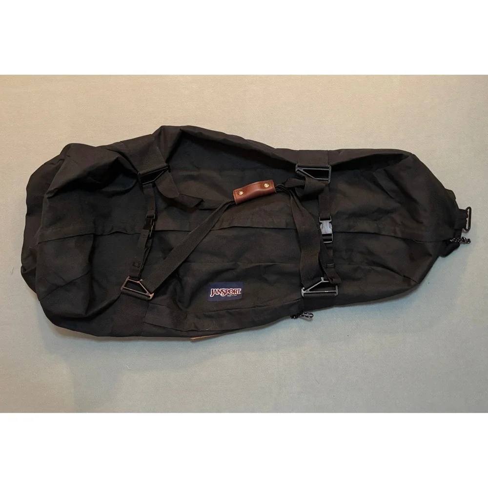 VTG Rare JanSport Duffel Bag Made in USA Black Nylon Leather Trim Travel Gym 34